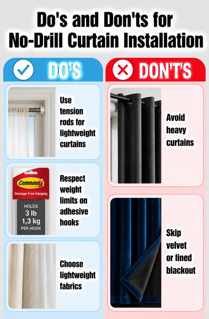 A visual guide on no-drill curtain installation methods.