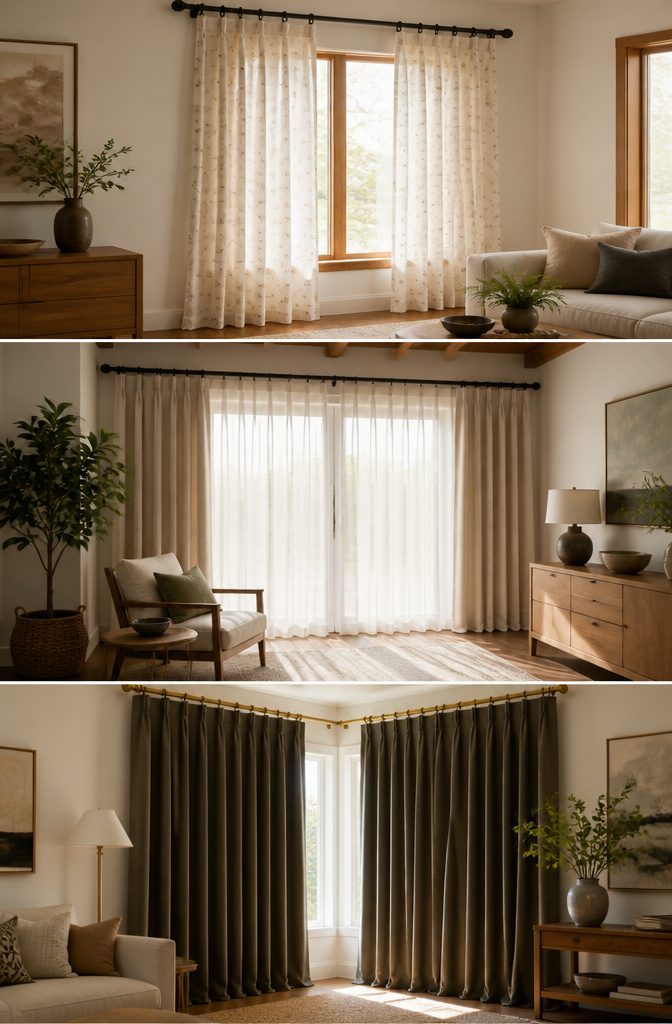 Three types of curtain rods displayed in a modern living space.