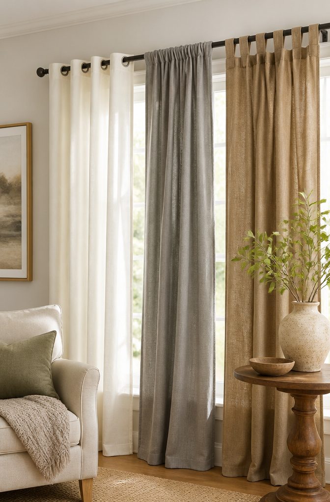 A close-up of different curtain styles hanging from a rod.