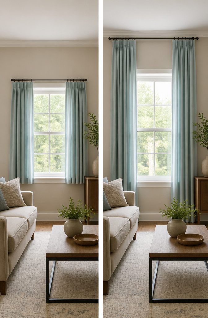 A photo illustrating the height of a curtain rod above a window.