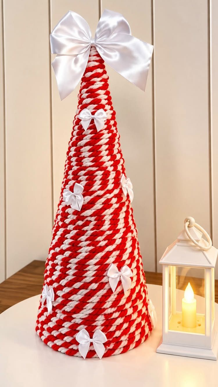 Homemade Christmas Decorations: 17 Easy Projects for 2026 13 A red and white rope conical Christmas tree decorated with small white satin bows and a large topper.