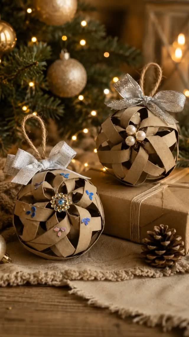Homemade Christmas Decorations: 17 Easy Projects for 2026 8 Two woven brown paper sphere ornaments with bows sitting on a rustic wooden surface.