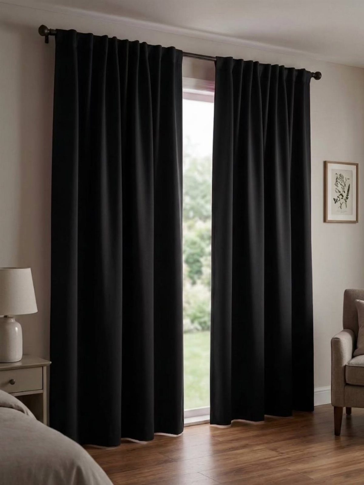 Black blackout curtains hanging from a rod over a large window in a bedroom.