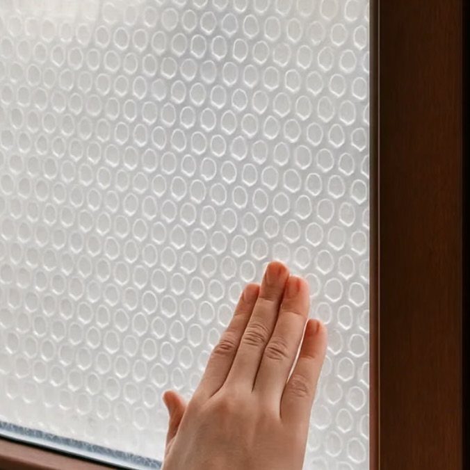 A hand touching bubble wrap applied to a window pane for insulation.