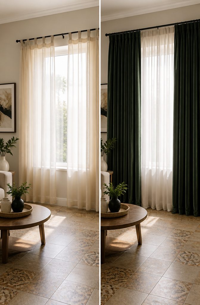 Photograph depicting the importance of curtain width for fullness.