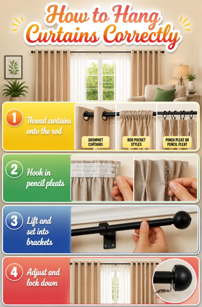 Information image showing how to hang curtains correctly.