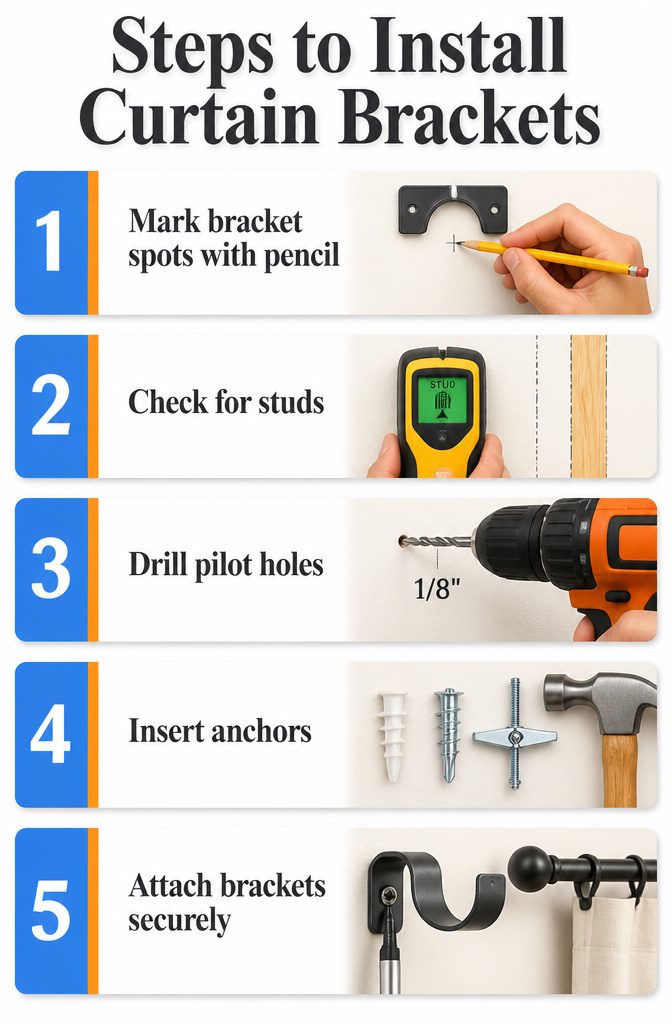 Information image outlining the steps to install curtain brackets.