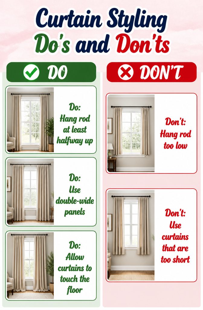 Information image showing common curtain styling do's and don'ts.