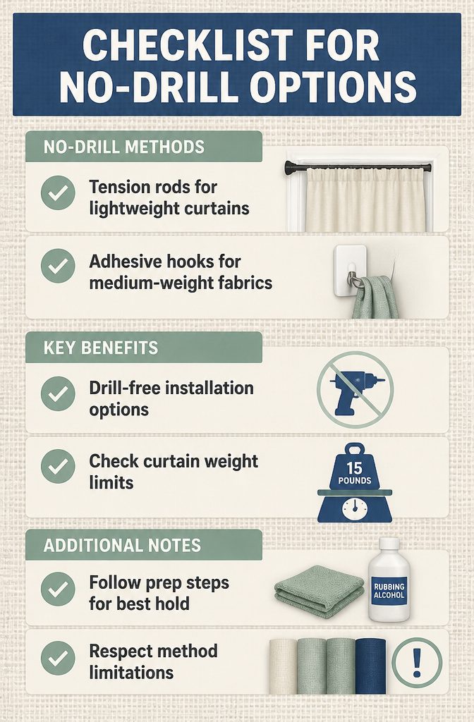 Information image listing no-drill options for curtain installation.