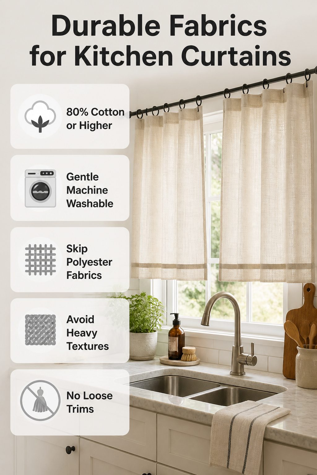 Information image showing durable fabrics suitable for kitchen curtains.