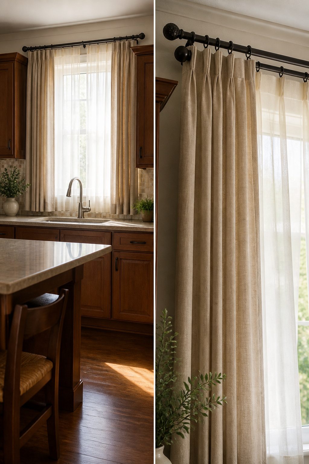 Layered sheer and heavier curtains on a kitchen window.