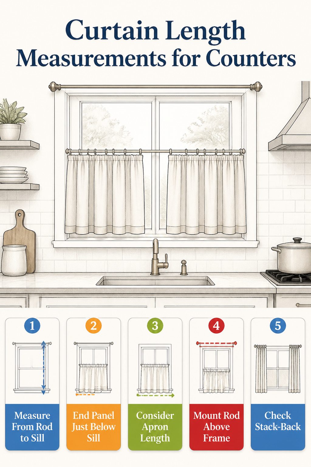 Image illustrating curtain length measurements for kitchen counters.