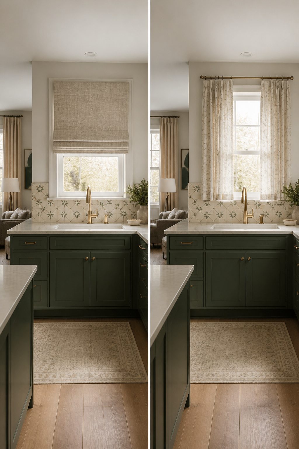 Image showing curtains that match the kitchen's backsplash and textiles.