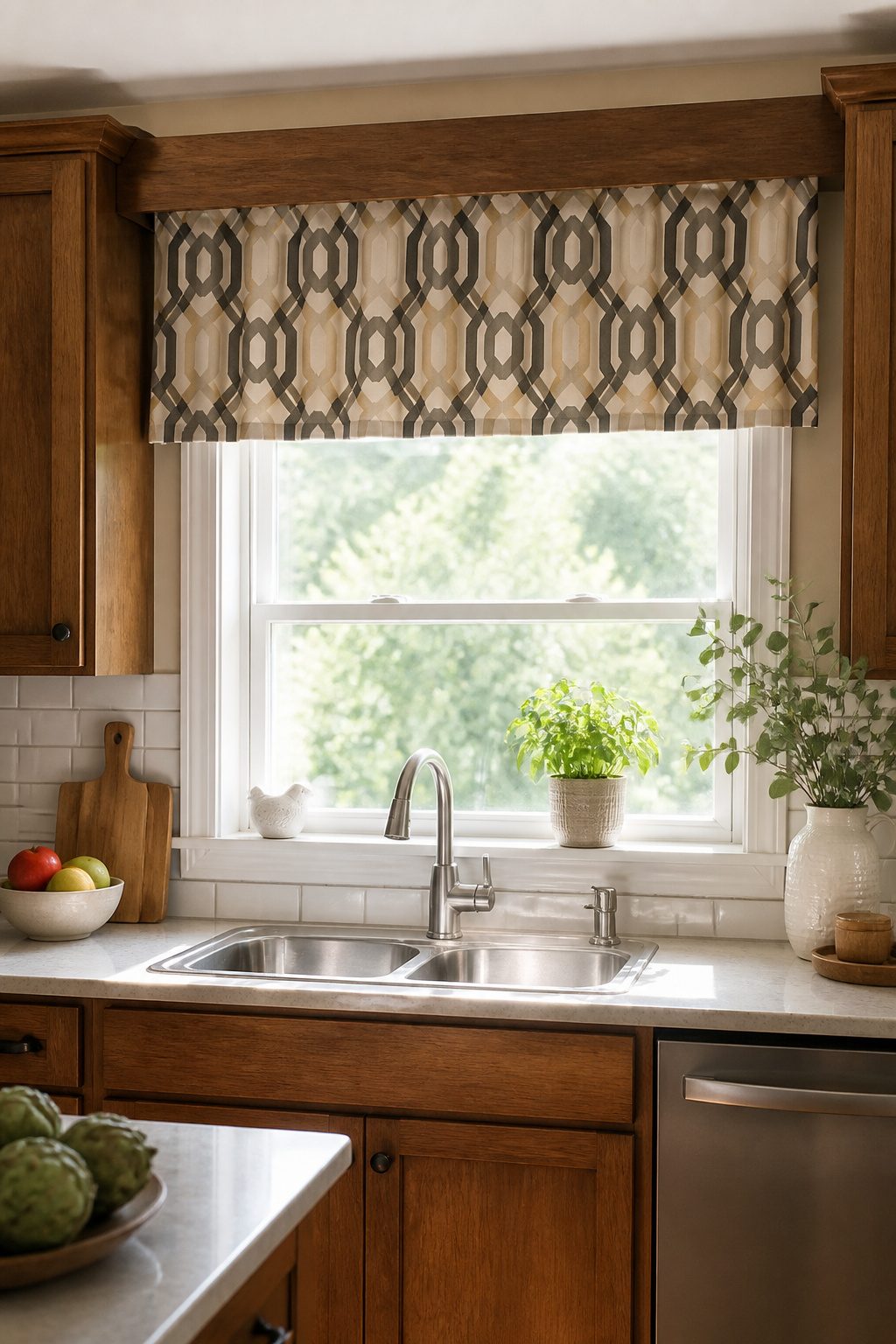 Stylish geometric print valance over a kitchen window.