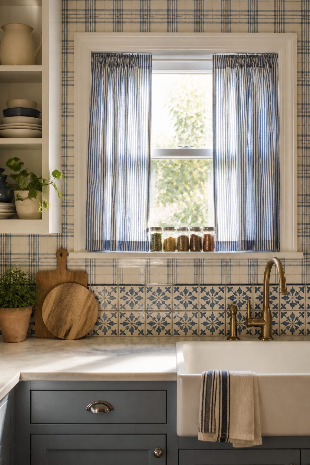 A small kitchen window with Ticking Stripe Rod Pocket curtains.