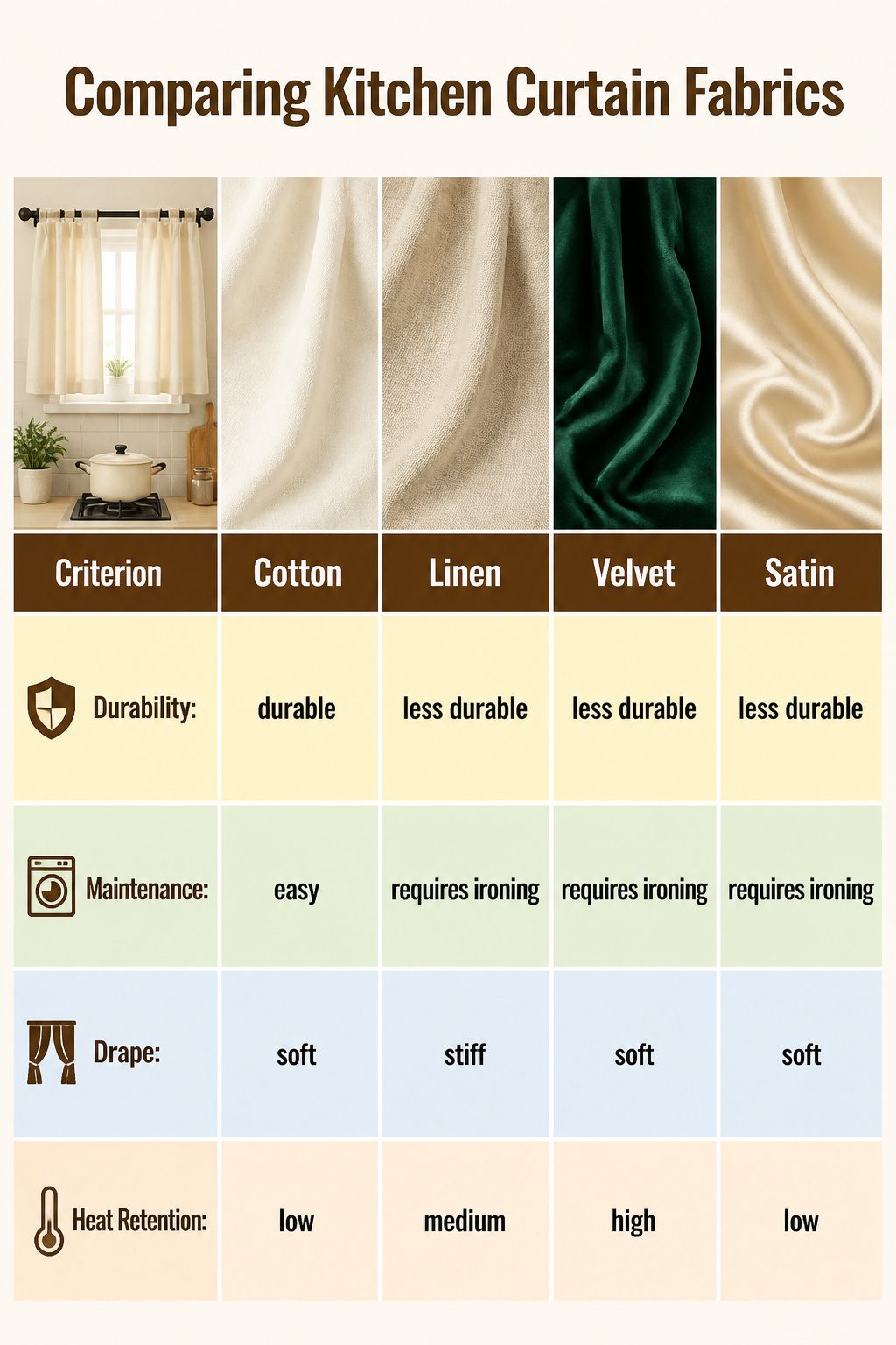 An image comparing different kitchen curtain fabrics like cotton and linen.
