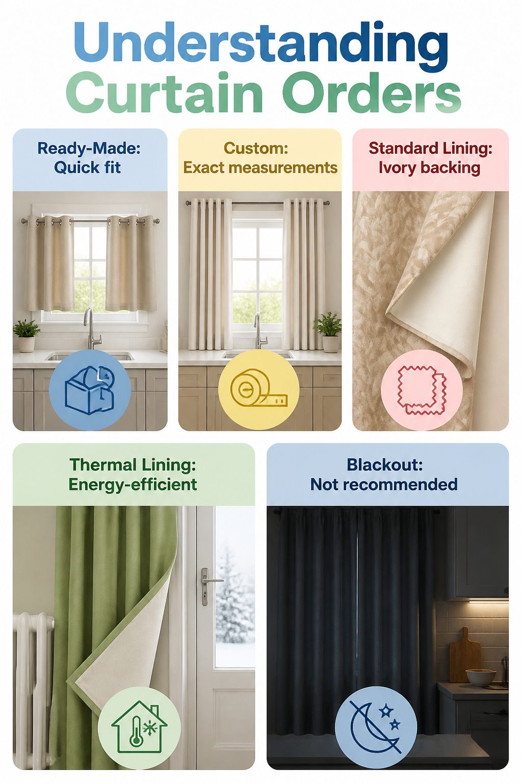 An image illustrating custom curtain orders for kitchen windows.