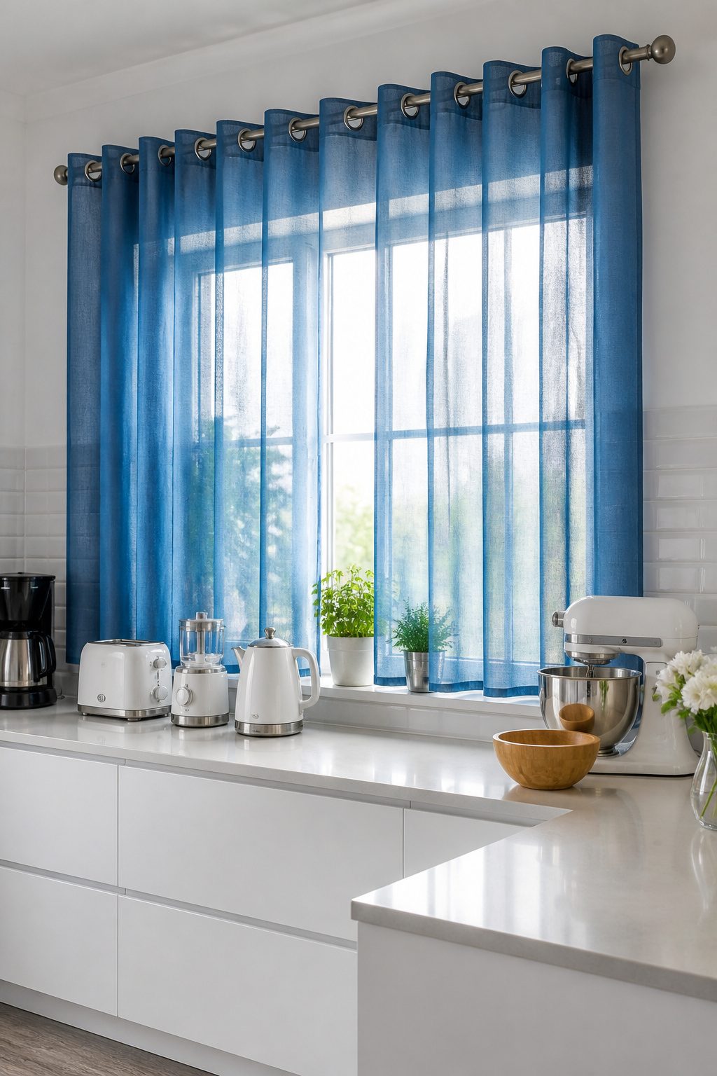 A large kitchen window with grommet curtains in cerulean blue.