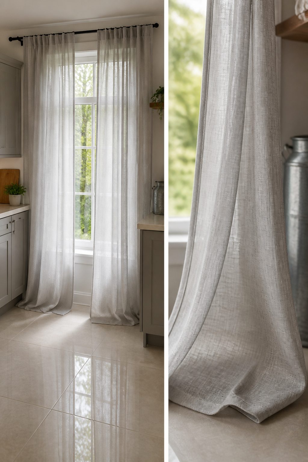 A kitchen window with full fabric panels and sheer curtains.