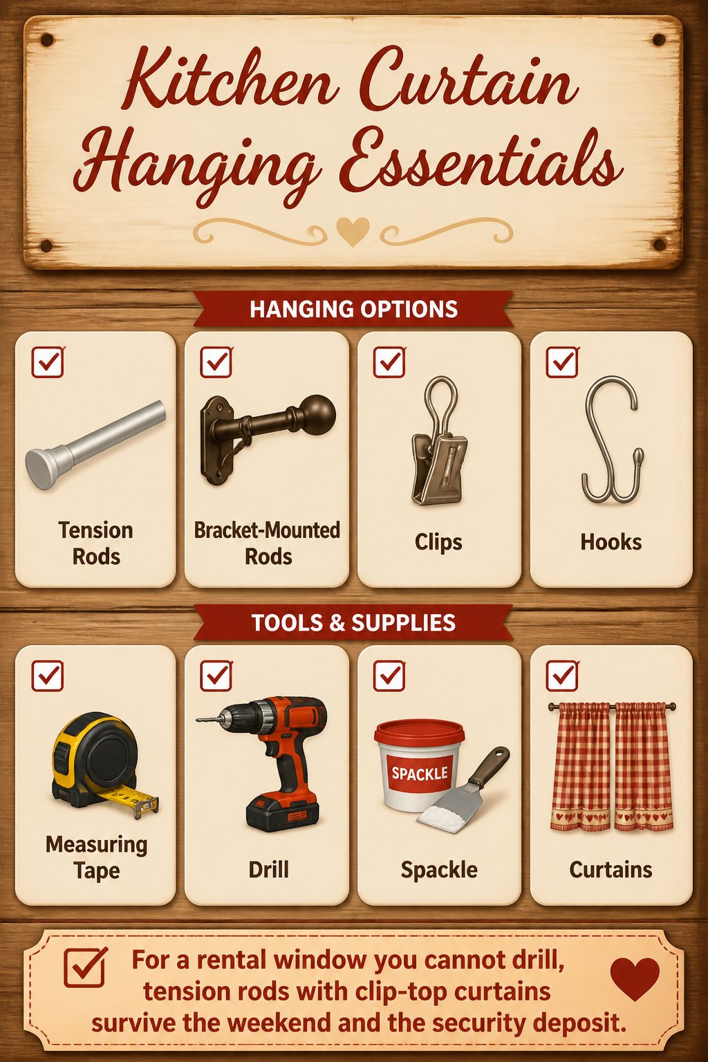 Kitchen curtain hanging essentials including tension rods and clips.