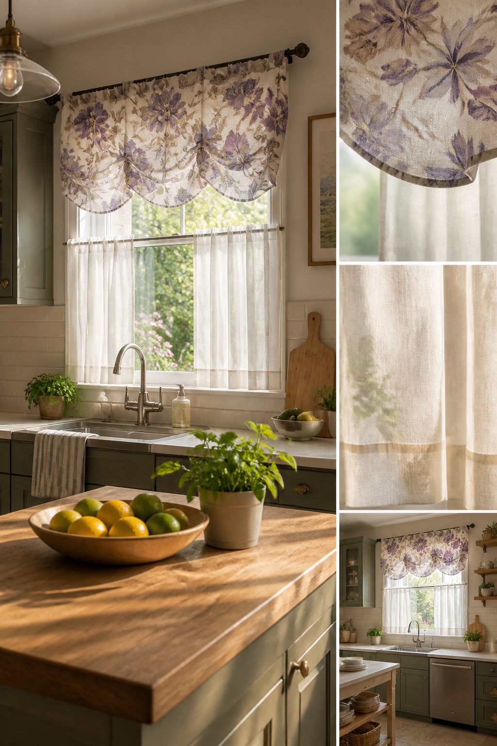 A kitchen window with semi-sheer curtains allowing light in.