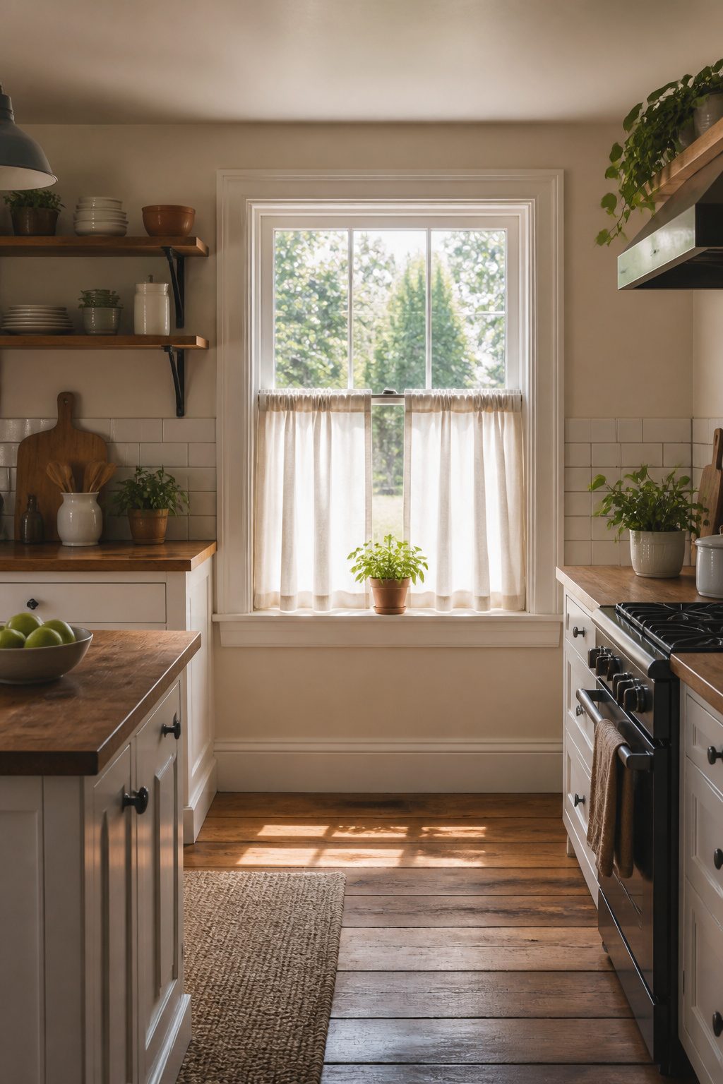 A kitchen window with tiers and cafe curtains covering the lower half.