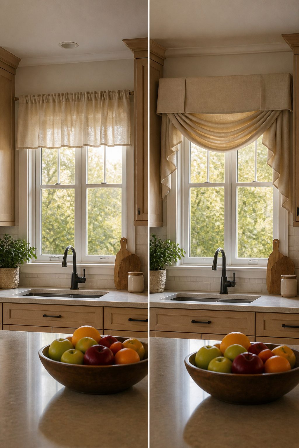 A kitchen window adorned with a valance and swags for decoration.