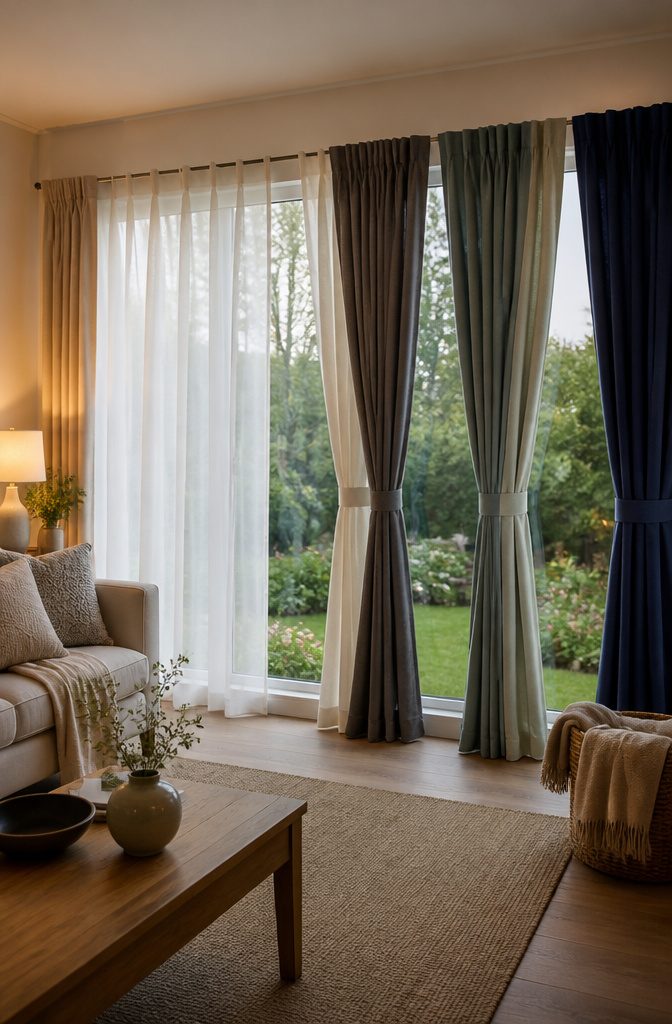 A photograph showing a large window with curtains that fit properly