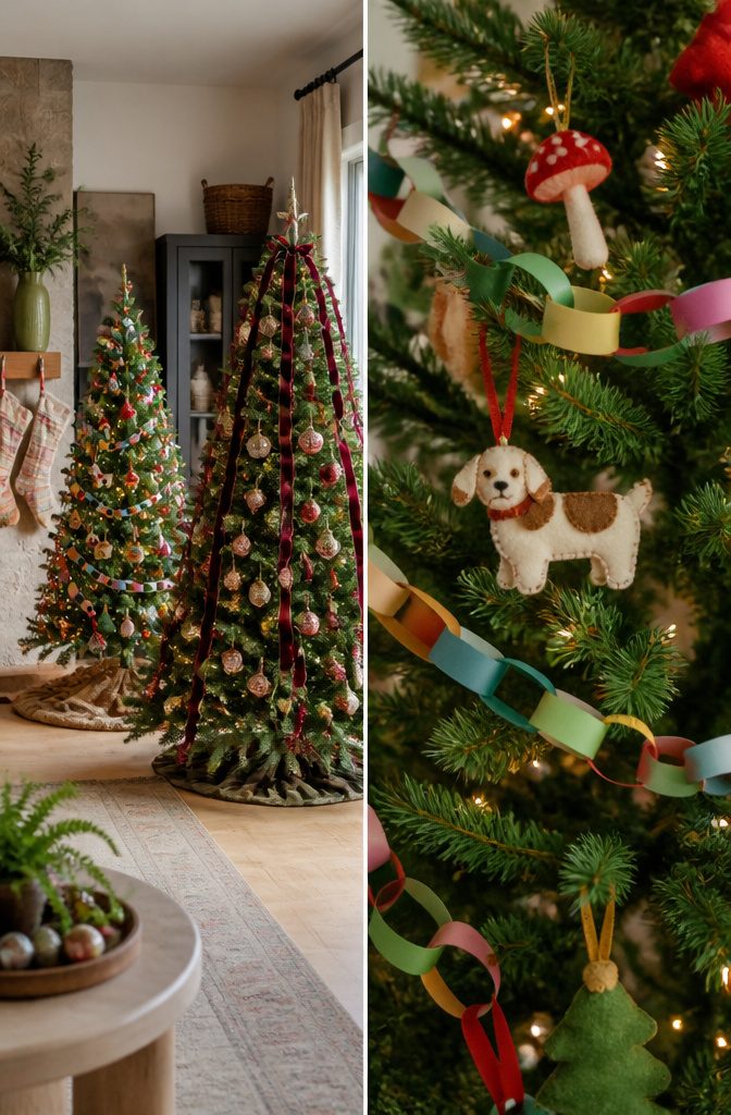Many Christmas Trees: Why Homeowners Now Display More Than One 3 Living room with a formal tree and a family room with a playful tree.
