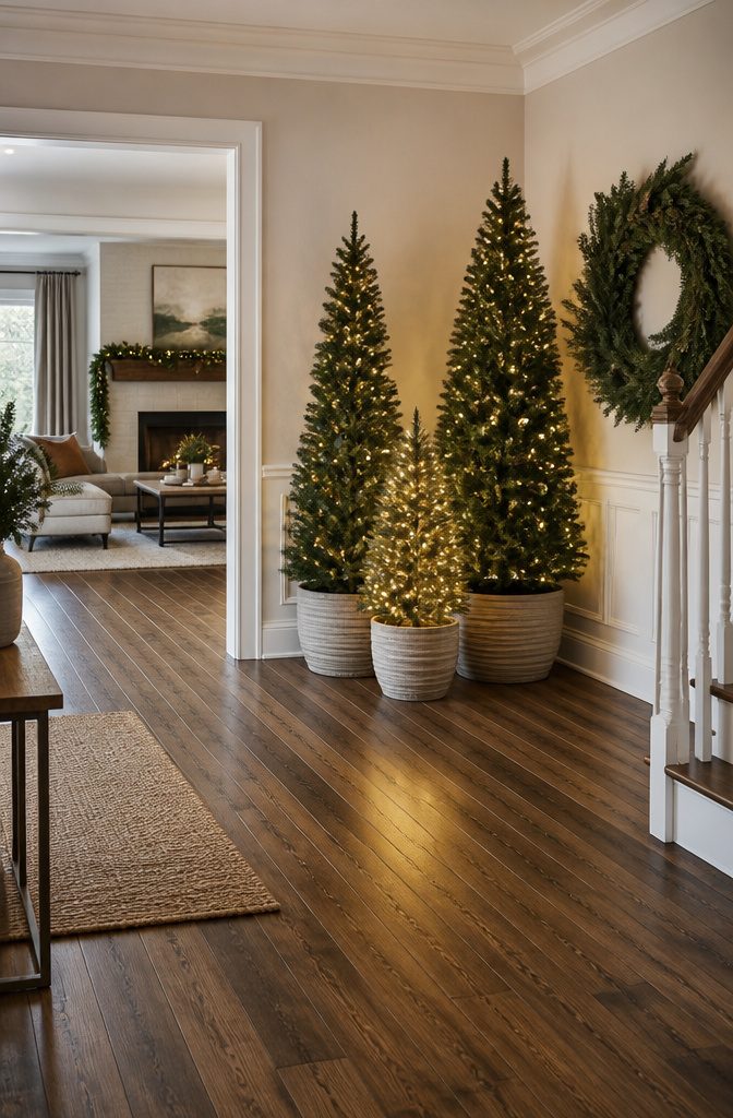Many Christmas Trees: Why Homeowners Now Display More Than One 4 Three potted Christmas trees grouped together in a decorative arrangement.