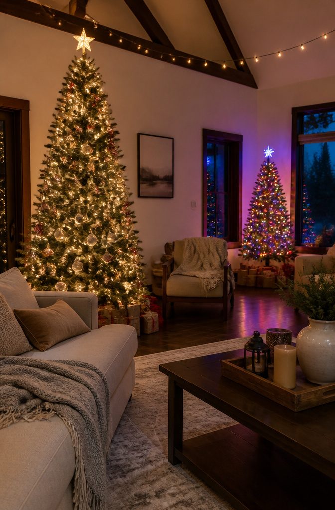 Many Christmas Trees: Why Homeowners Now Display More Than One 5 Living room featuring two Christmas trees with different lighting styles.