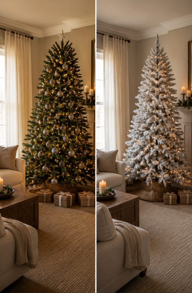 Many Christmas Trees: Why Homeowners Now Display More Than One 2 Living room with a real Christmas tree and a faux tree in another room.