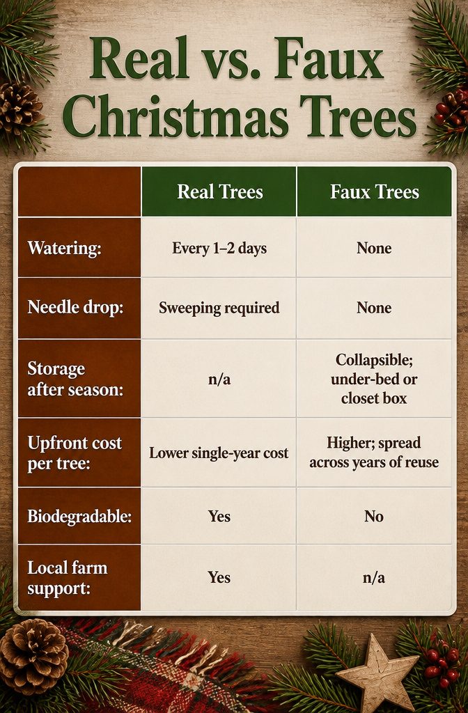 Many Christmas Trees: Why Homeowners Now Display More Than One 6 Information chart comparing real and faux Christmas trees.