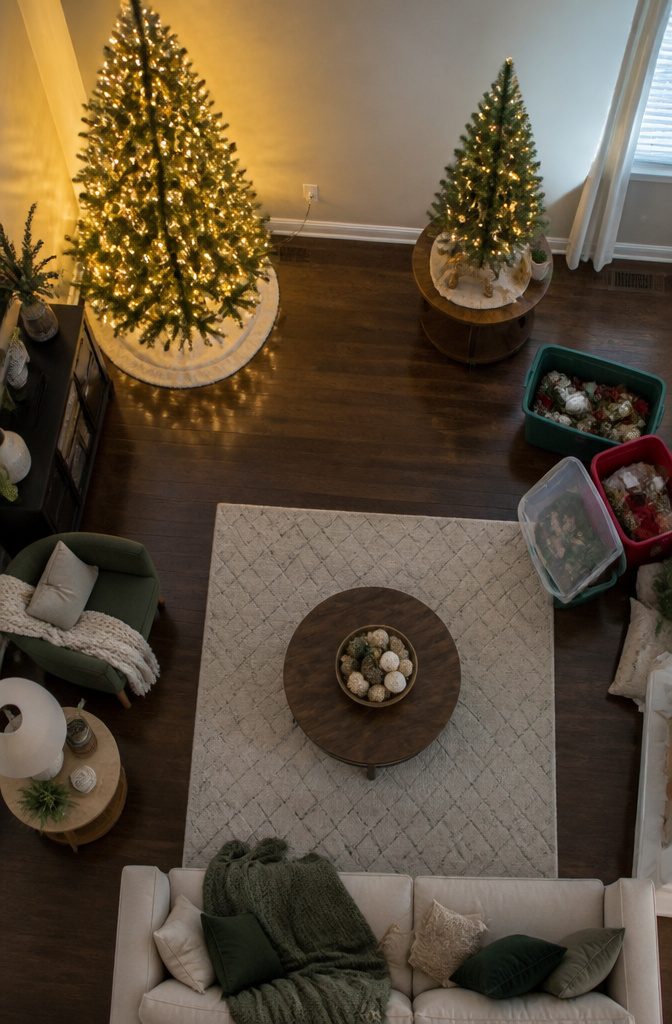 Many Christmas Trees: Why Homeowners Now Display More Than One 7 Living room with two Christmas trees indicating the need for more electrical outlets.