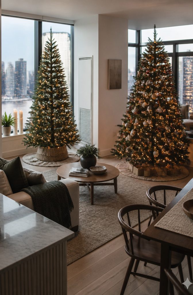 Many Christmas Trees: Why Homeowners Now Display More Than One 8 Modern living space featuring two uniquely styled Christmas trees.