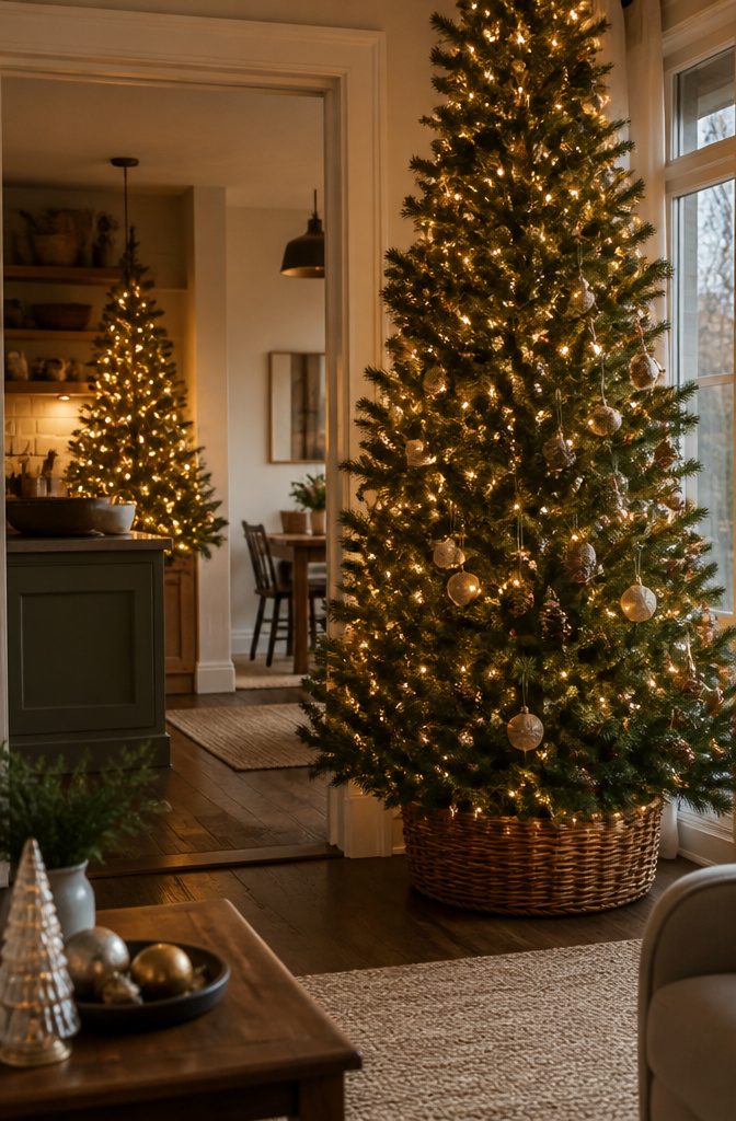 Many Christmas Trees: Why Homeowners Now Display More Than One 1 Cozy living room with a large tree and a smaller farmhouse tree in the kitchen.