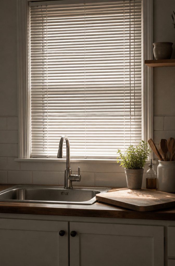 9 Modern Blinds Kitchen Ideas That Actually Work in 2026 6 Aluminum mini blinds installed above a kitchen sink.