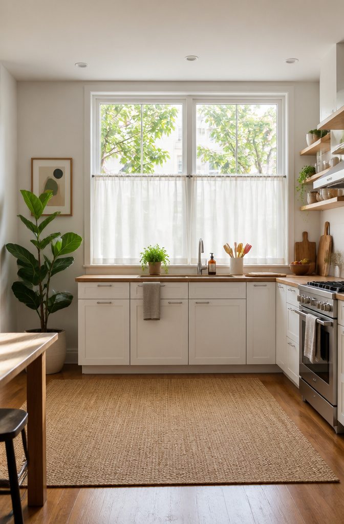 9 Modern Blinds Kitchen Ideas That Actually Work in 2026 9 Cafe curtains hanging at the middle of a kitchen window.