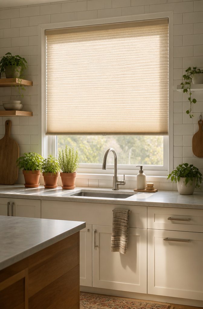 9 Modern Blinds Kitchen Ideas That Actually Work in 2026 3 Cellular shades covering a large window in a kitchen.