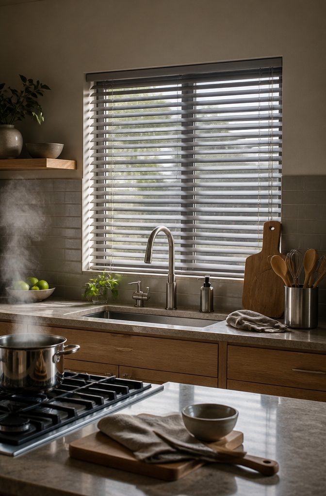 9 Modern Blinds Kitchen Ideas That Actually Work in 2026 1 Faux wood blinds above a sink in a modern kitchen.