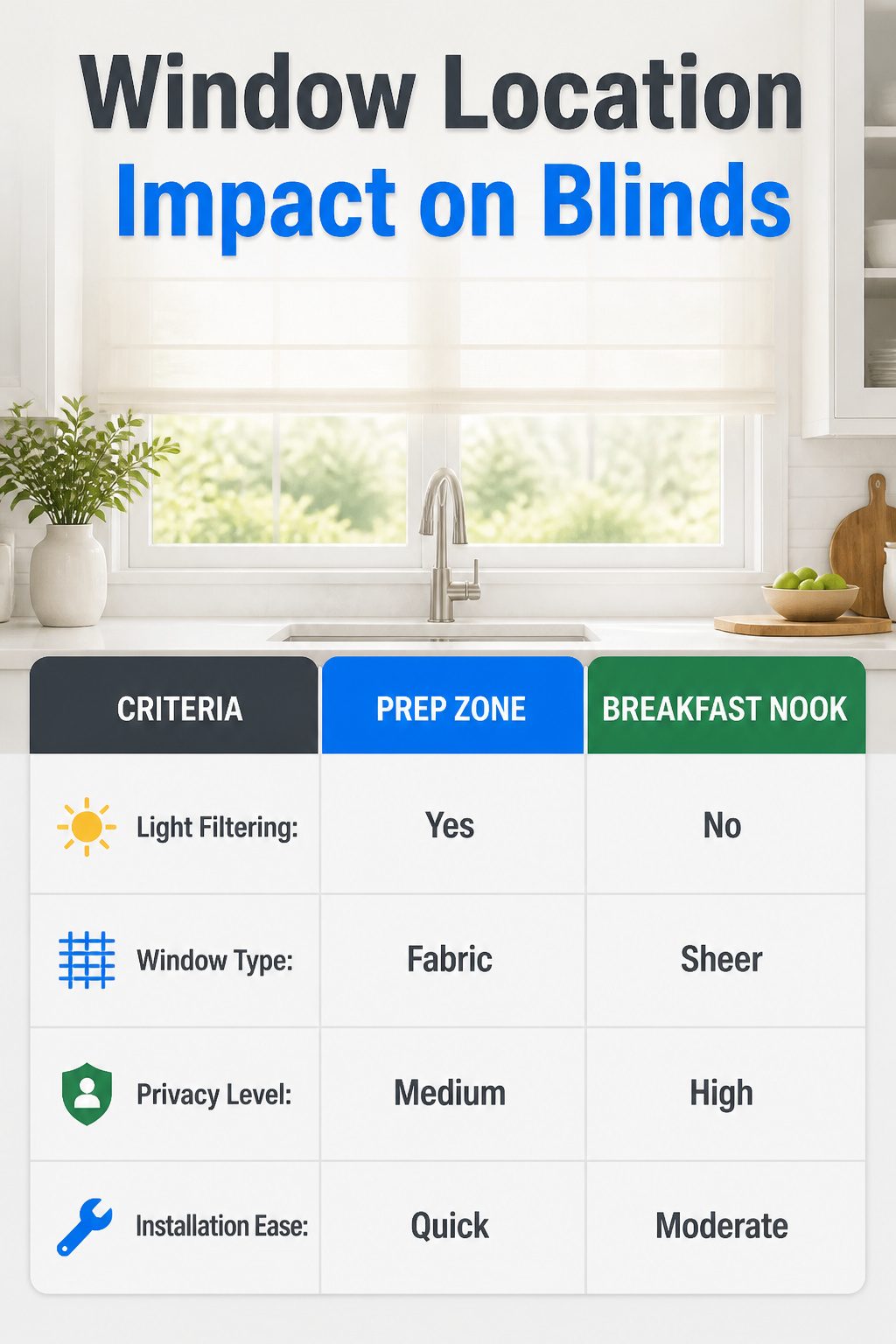 9 Modern Blinds Kitchen Ideas That Actually Work in 2026 11 An infographic illustrating how window location affects blinds.