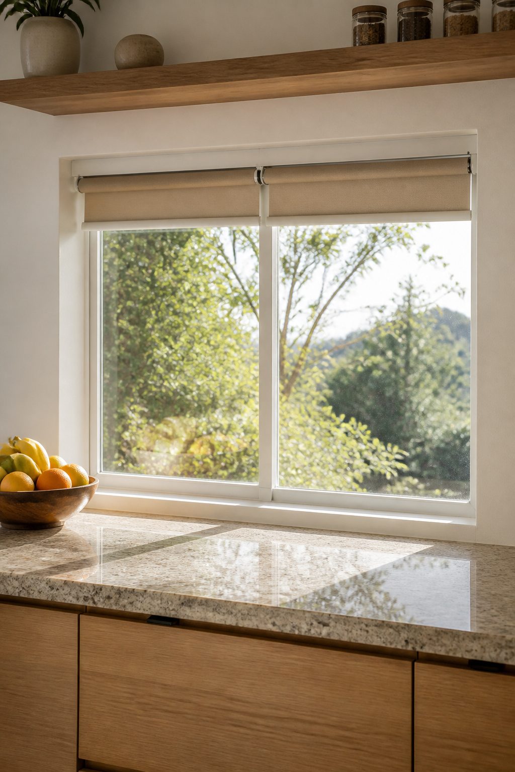 9 Modern Blinds Kitchen Ideas That Actually Work in 2026 2 Roller shades installed above a kitchen sink.