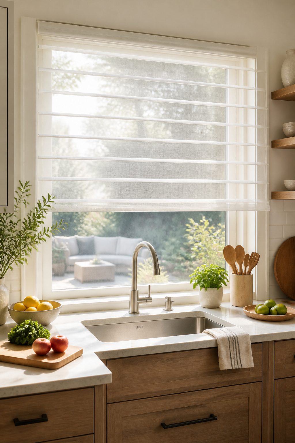 9 Modern Blinds Kitchen Ideas That Actually Work in 2026 8 Sheer shades installed in a kitchen window.