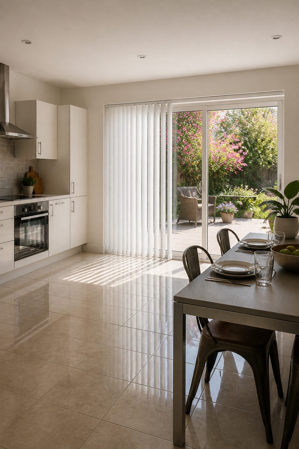 9 Modern Blinds Kitchen Ideas That Actually Work in 2026 7 Vertical blinds covering a sliding glass door in a kitchen.