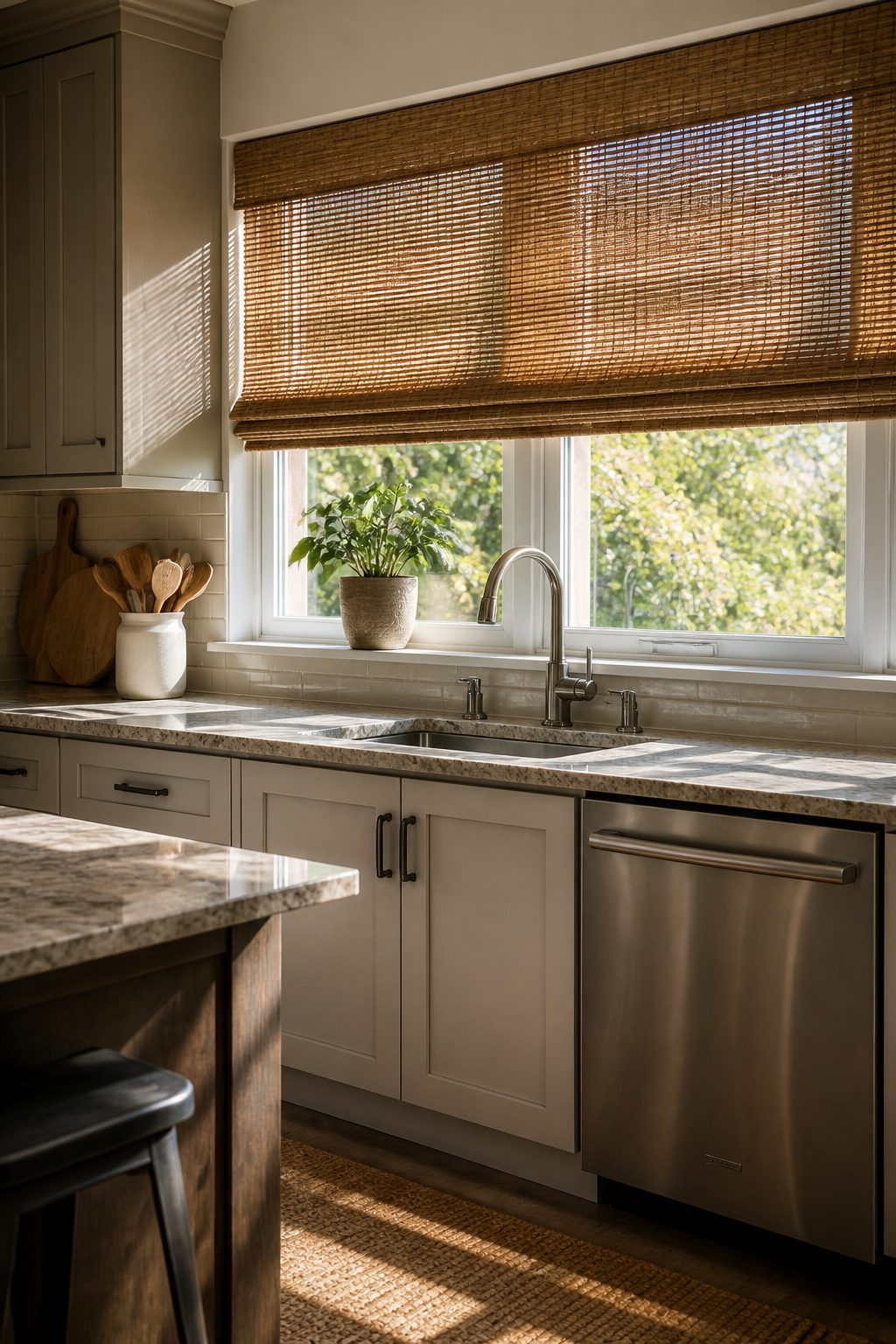 9 Modern Blinds Kitchen Ideas That Actually Work in 2026 5 Woven wood shades covering a wide kitchen window.