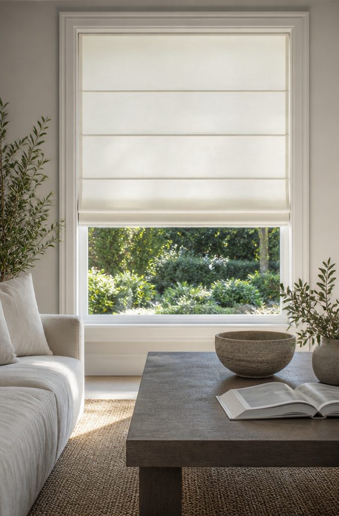 Cordless plain fold roman shade elegantly lifting in a living space.