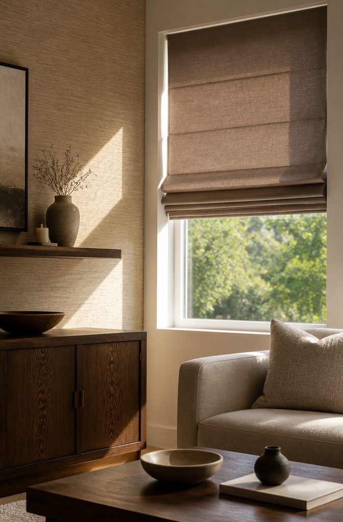 Partially raised plain fold roman shade with neat folds.