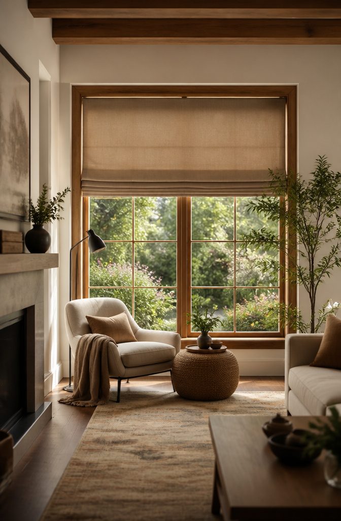 Plain fold roman shade with lining demonstrating energy efficiency.