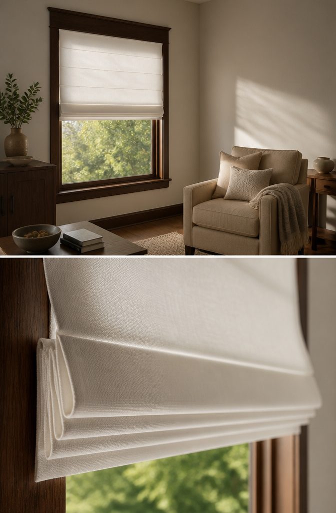 Selection of fabrics for plain fold roman shades displayed together.
