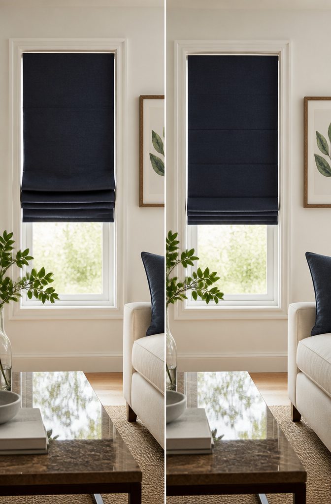 Plain fold roman shades installed inside a window frame.
